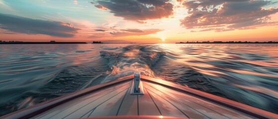 Wall Mural - A small wooden boat glides across a wavy lake, its gentle rocking motion mirroring the rippling water as the sun dips below the horizon, painting the sky in a breathtaking palette of orange, pink, and