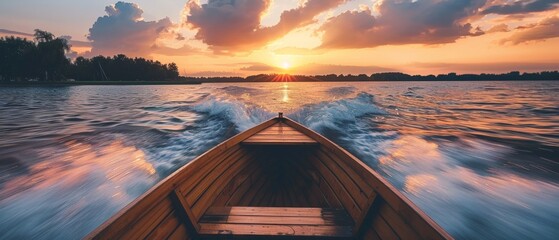 Wall Mural - A small wooden boat glides across a wavy lake, its gentle rocking motion mirroring the rippling water as the sun dips below the horizon, painting the sky in a breathtaking palette of orange, pink, and