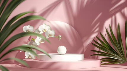 Wall Mural - Selective focus of pink flower in the pot with sheer curtains window as background, Medinilla magnifica the showy medinilla or rose grape is a species of flowering plant,Composition of a ceramic vase 