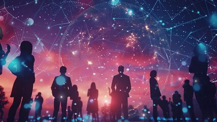 Global financial market concept. Globe with economic growth lines. Global Economy Network. Digital globe surrounded by network connections with silhouettes of business people standing. Global business