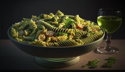 Wall Mural - Tagliatelle pasta with pesto and basil leaves in a bowl, dark background. AI generated.