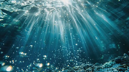 Wall Mural - Beautiful air bubbles in underwater sea light rays shine. Tropical background concept