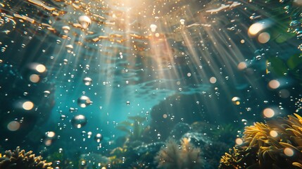 Beautiful air bubbles in underwater sea light rays shine. Tropical background concept