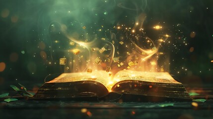 Wall Mural - Ancient Magic Book with Glowing Runes floating in the air, radiating mystical energy and magical knowledge
