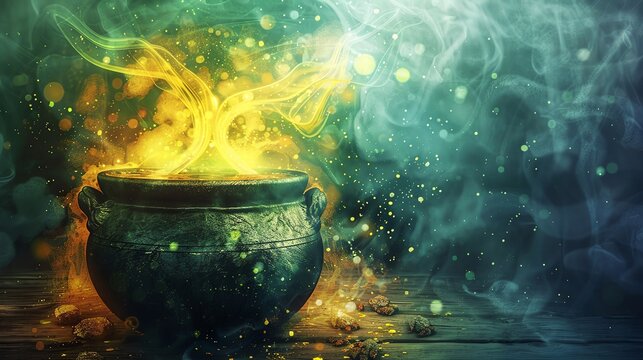 Bubbling Cauldron with a Glowing Magic Potion, creating a scene of mystical brewing and alchemy