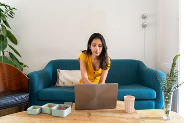 Poster - Young woman sitting on couch using laptop