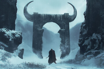 Viking goes through a huge gate with horns to Valhalla