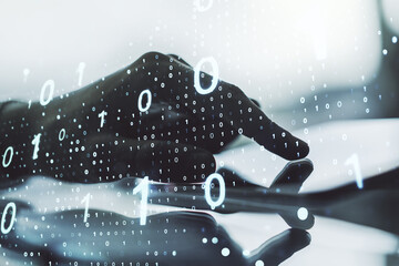 Wall Mural - double exposure of creative abstract binary code hologram and finger clicks on a digital tablet on b