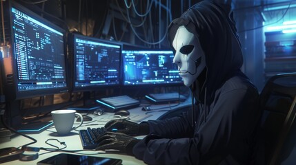 Wall Mural - The masked hacker at workstation