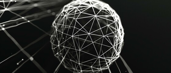Glowing white sphere connected lines on black background, atom graphic line network