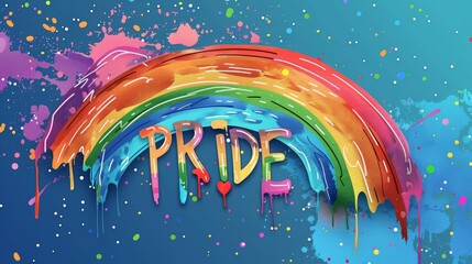 Sticker - Bold pride rainbow with paint splashes on dark background, representing creativity, inclusivity, and vibrant expression in a dynamic, artistic design.