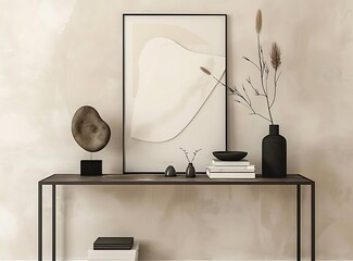 Minimalist black and white console table with an art poster in the middle, a modern abstract sculpture on top of it, some books, a black vase with a dry plant, beige wall background