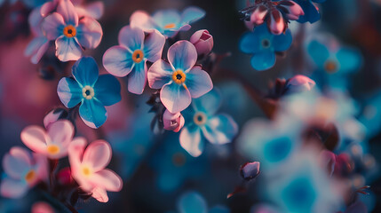 Tiny blue and pink Forget Me Not flowers in Spring captured in macro close up 
