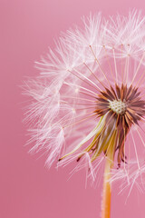 Wall Mural - Generative AI Image of White Dandelion Flower with Soft Seeds on Pink Background