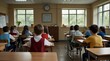 © R-CHUN - Elementary classroom with school kids looking front at teacher, back view.