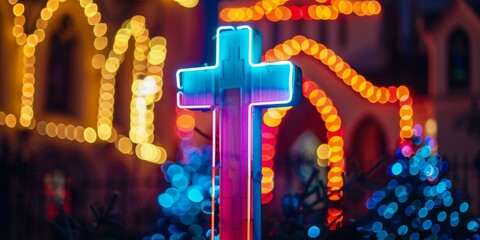 Wall Mural - neon halo, jesus, cross, religious culture, faith, hope, culture, 4k HD wallpaper, background, generated by AI，Radiant Halo of Hope - Serene 4K HD Wallpaper of Jesus and Neon Lights