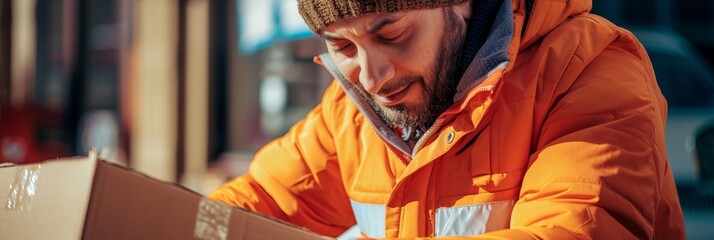 Wall Mural - y A delivery driver in an orange jacket is looking at a box scanning it for delivery