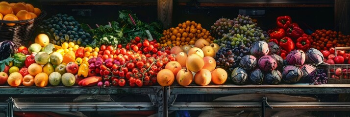 Sticker - A vibrant selection of fresh fruits and vegetables are neatly arranged on display at a farmers market stall, showcasing the bounty of the season