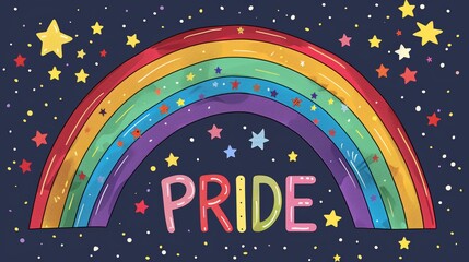 Sticker - Radiant pride rainbow with fluffy clouds and dark background, symbolizing inclusivity, unity, and celebration in a vibrant, captivating illustration.