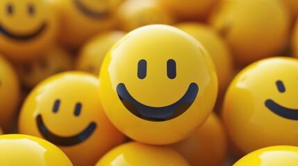 Wall Mural - A group of yellow smiley face balls are arranged in a pile, AI