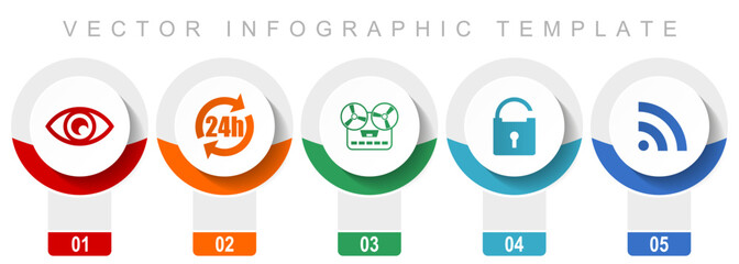 Leinwandbilder - Media icon set, miscellaneous vector icons such as eye, 24h, music recorder, padlock and signal, modern design infographic template, web buttons in 5 color options