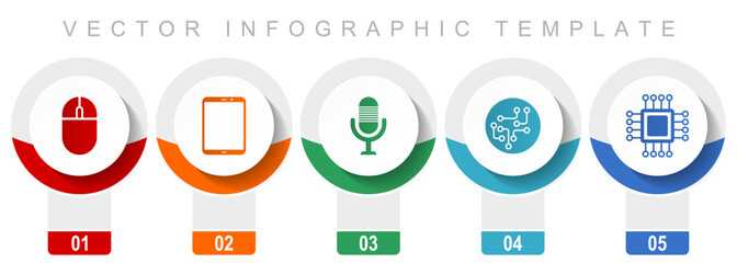 Poster - Technology icon set, miscellaneous vector icons such as computer mouse, tablet, microphone, chip and cpu, modern design infographic template, web buttons in 5 color options