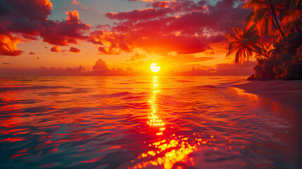 Wall Mural - Breathtaking tropical sunset by the beach