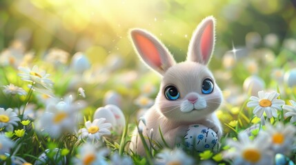 A small rabbit sitting in a field of flowers with an egg, AI