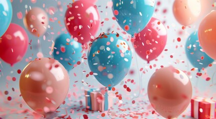 Poster - Colorful Balloons and Confetti Surrounding Wrapped Gifts on a Blue Background