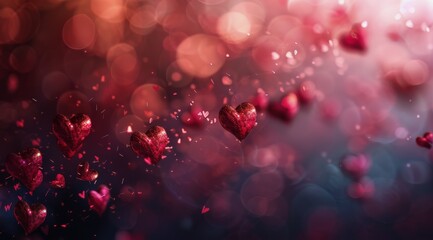Poster - Red Hearts Falling Through The Air On A Bokeh Background