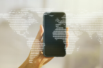 Wall Mural - double exposure of abstract digital world map and hand with cellphone on background, big data and bl