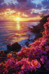 Wall Mural - Pink Flowers Blooming at Sunset Over the Ocean