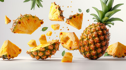 Poster - Falling Pineapple slice isolated on white background, clipping path, full depth of field. Fresh ripe pineapple fruit, pineapple fruit slices isolated. Juicy fruit design elements composition. 