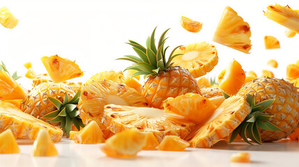 Wall Mural - Falling Pineapple slice isolated on white background, clipping path, full depth of field. Fresh ripe pineapple fruit, pineapple fruit slices isolated. Juicy fruit design elements composition. 