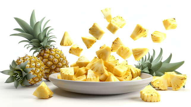 Falling Pineapple slice isolated on white background, clipping path, full depth of field. Fresh ripe pineapple fruit, pineapple fruit slices isolated. Juicy fruit design elements composition. 