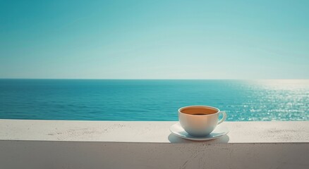 Wall Mural - A Cup of Coffee With a View of the Blue Ocean on a Sunny Day