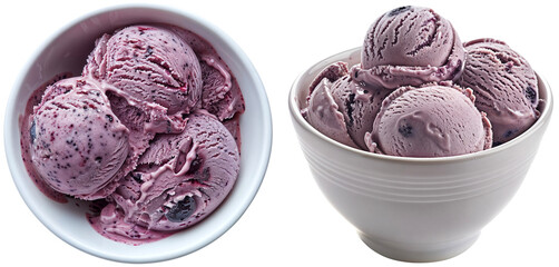 Wall Mural - Purple ice-cream scoops with blueberry flavour in a white bowl, side and top view, dessert bundle isolated on a transparent background