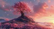 © olegganko - Pink Cherry Blossom Tree at Sunset on Mountaintop