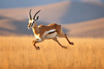 elegant gazelle gallops through a golden field with a warm, soft-focus background