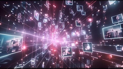Aufkleber - Videos, avatars, profiles flow in the online information space on a VFX animated background with virtual social media.