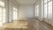© starush - A empty room with a hardwood floor and large windows, AI