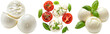 © Flowal93 - Mozzarella cheese bundle, front and top down view, with and without tomatoes, isolated on a white background