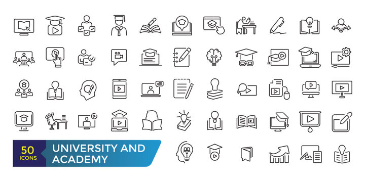 University and Academy icon set. School logo design badge. University emblem template. Collection and pack of linear web and ui icons. Editable stroke. Vector illustration