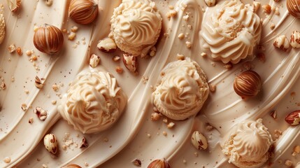 Summer-themed food photography banner, top view close-up of hazelnut gelato texture, seamless pattern