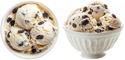 Wall Mural - Vanilla icecream collection with rum and raisins in a white bowl isolated on a transparent background