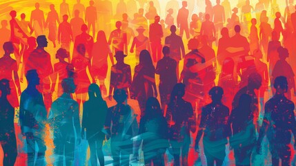 Poster - A large group of people standing in a circle with colorful backgrounds, AI