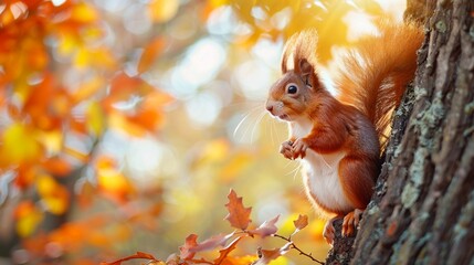 Wall Mural - cute portrait with beautiful fluffy red squirrel sitting in autumn Park on a tree oak with bright Golden foliage