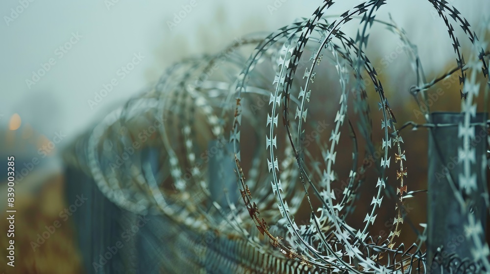 Razor wire fence running the length of a state border, harsh and ...