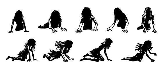 Wall Mural - Witch, vampire, demon, creepy and spooky elements. Zombie crawling woman silhouette black filled vector Illustration icon. Collection of halloween silhouettes decorations icon and character. 