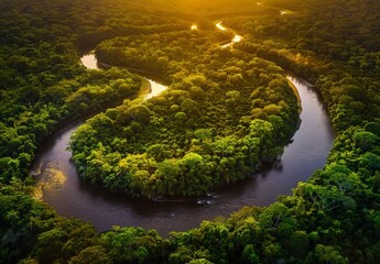 Wall Mural - An aerial view of a winding river cutting through a dense forest, bathed in golden sunlight. This stunning landscape is perfect for environmental, travel, and nature-themed stock photography.